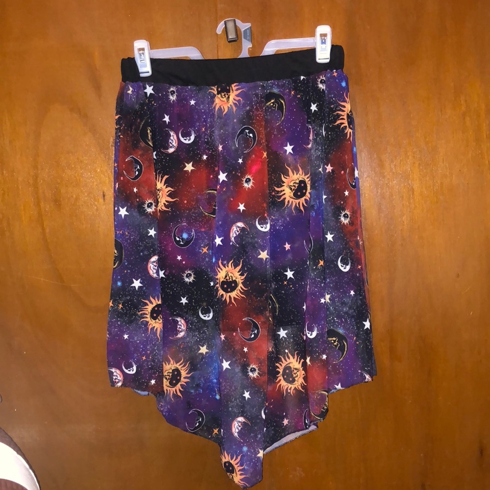 Sz XL Sun & Moon Galaxy print stretchy mid long skirt